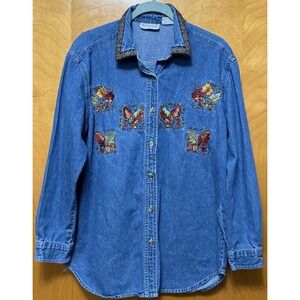 Vtg Vanderbilt Womens Button Up Denim Shirt Embroidered Fall Flowers Cotton Sz M